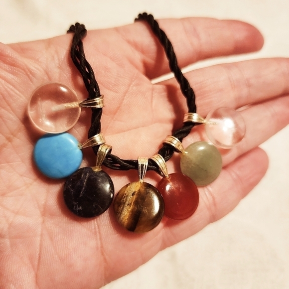 Seven Natural Stone Pendant Necklace on Black Rope Lobster Claw Clasp Quarts EUC - Picture 6 of 10